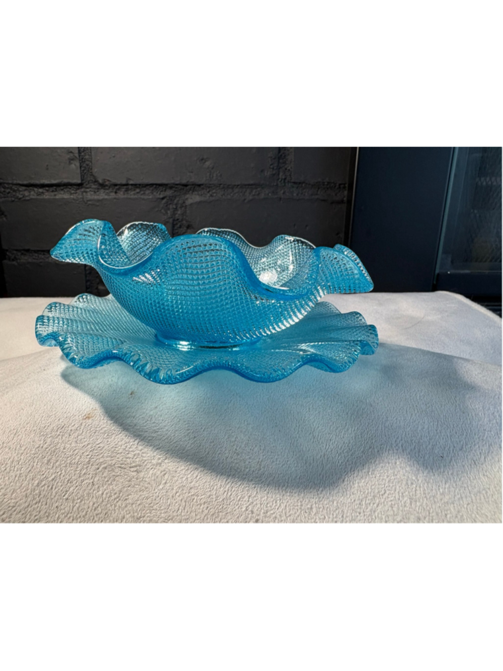 1960s Italian Colony Waffle Turquoise Blue Ruffled Dessert Bowl & Plate Set